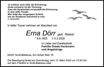 Traueranzeige von Erna Dörr von vrm-trauer