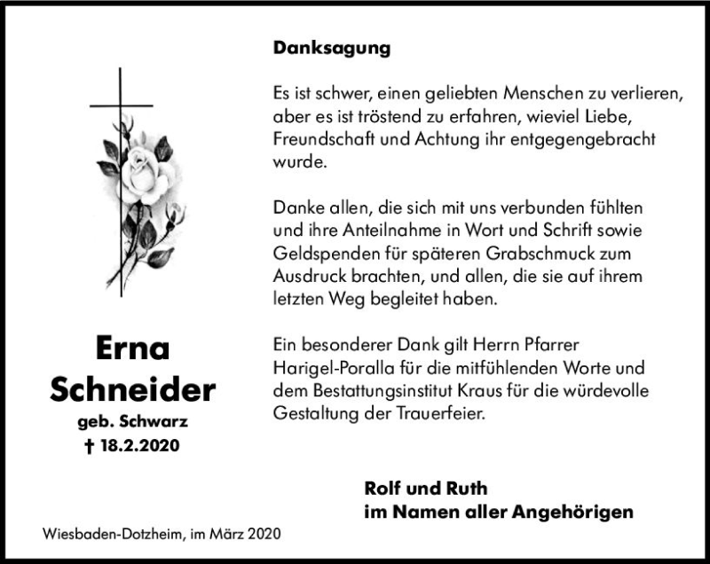  Traueranzeige für Erna Schneider vom 21.03.2020 aus vrm-trauer