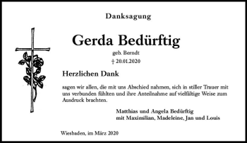 Traueranzeige von Gerda Bedürftig von vrm-trauer