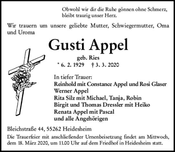 Traueranzeige von Gusti Appel von vrm-trauer