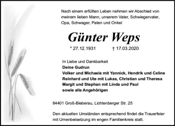 Traueranzeige von Günter Weps von vrm-trauer