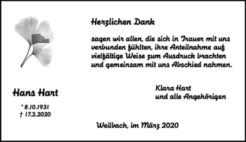 Traueranzeige von Hans Hart von vrm-trauer