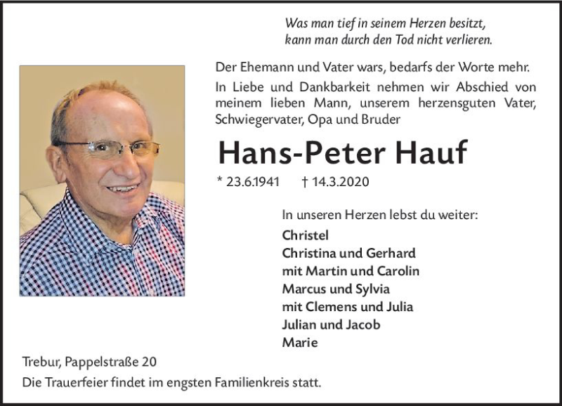  Traueranzeige für Hans-Peter Hauf vom 20.03.2020 aus vrm-trauer