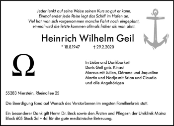 Traueranzeige von Heinrich Wilhelm Geil von vrm-trauer