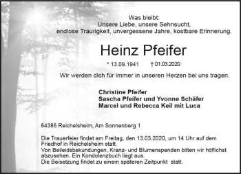 Traueranzeige von Heinz Pfeifer von vrm-trauer