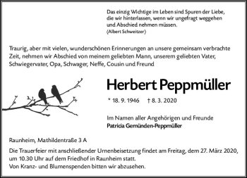Traueranzeige von Herbert Peppmüller von vrm-trauer