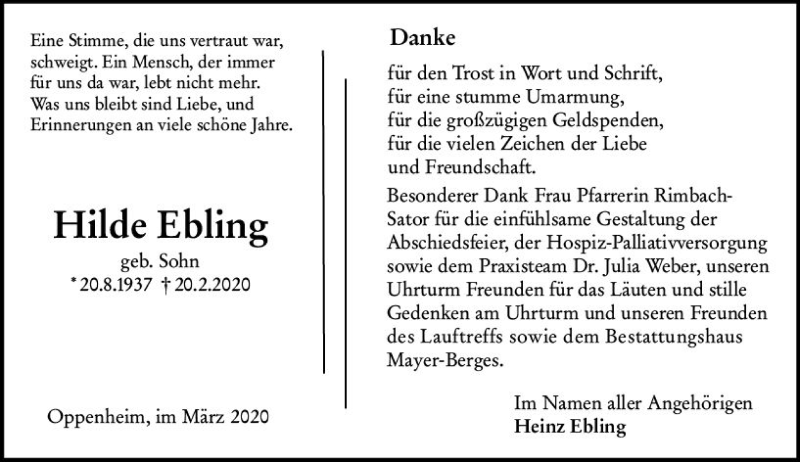  Traueranzeige für Hilde Ebeling vom 21.03.2020 aus vrm-trauer