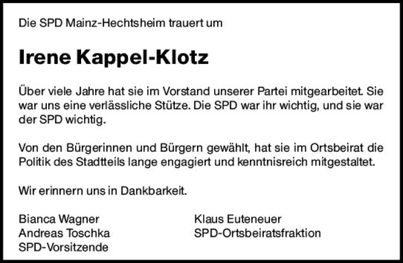  Traueranzeige für Irene Kappel-Klotz vom 21.03.2020 aus vrm-trauer