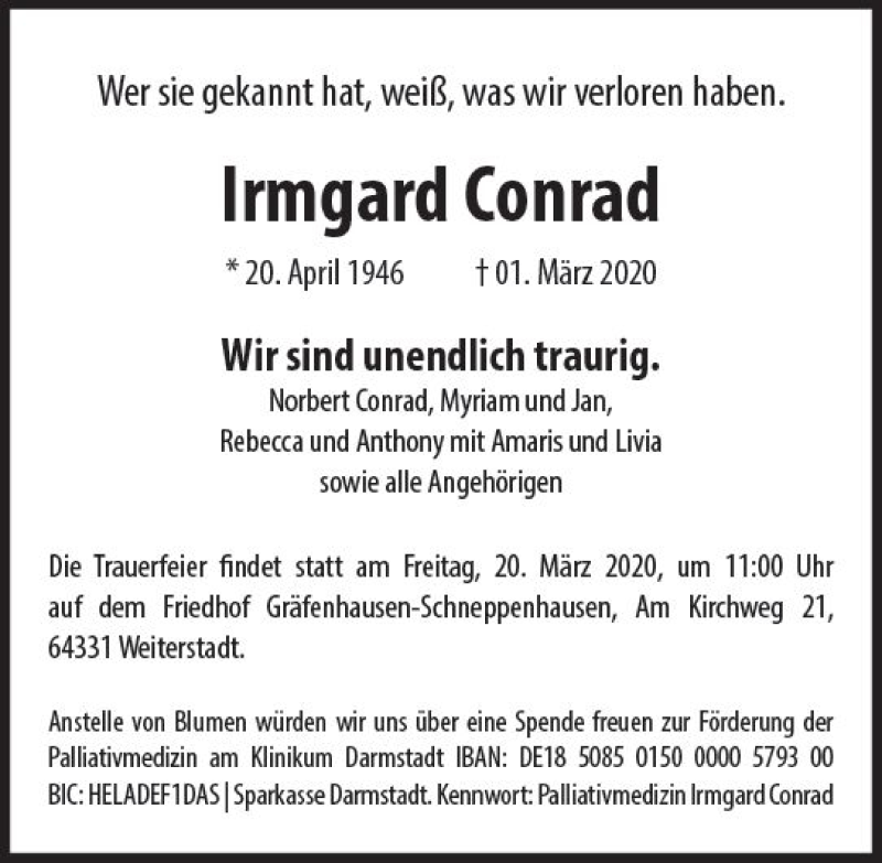  Traueranzeige für Irmgard Conrad vom 11.03.2020 aus vrm-trauer