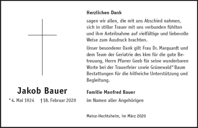  Traueranzeige für Jakob Bauer vom 14.03.2020 aus vrm-trauer