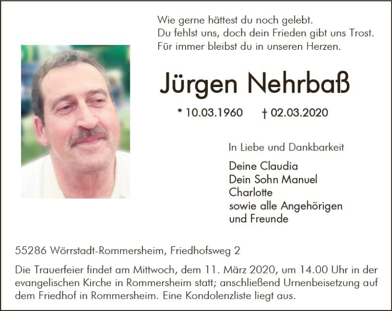  Traueranzeige für Jürgen Nehrbaß vom 07.03.2020 aus vrm-trauer