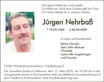 Traueranzeige von Jürgen Nehrbaß von vrm-trauer
