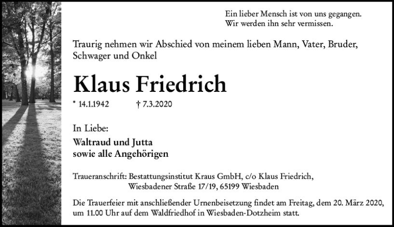  Traueranzeige für Klaus Friedrich vom 14.03.2020 aus vrm-trauer