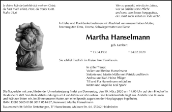 Traueranzeige von Martha Hanselmann von vrm-trauer