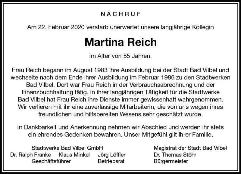  Traueranzeige für Martina Reich vom 07.03.2020 aus vrm-trauer