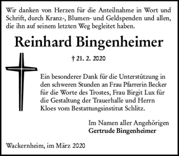 Traueranzeige von Reinhard Bingenheimer von vrm-trauer
