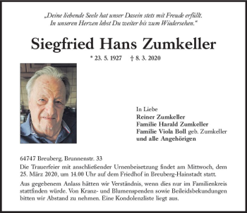 Traueranzeige von Siegfried Hans Zumkeller von vrm-trauer