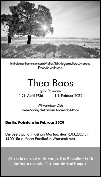 Traueranzeige von Thea Boos von vrm-trauer