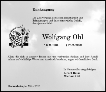 Traueranzeige von Wolfgang Ohl von vrm-trauer