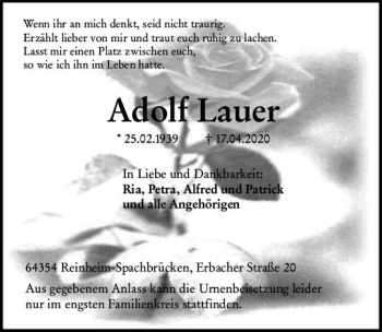 Traueranzeige von Adolf Lauer von vrm-trauer