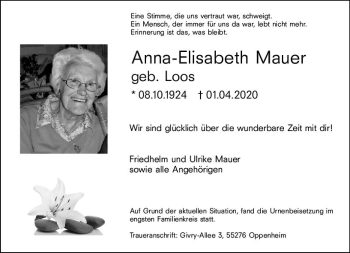 Traueranzeige von Anna-Elisabeth Mauer von vrm-trauer