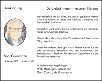 Traueranzeige von Anni Graumann von vrm-trauer