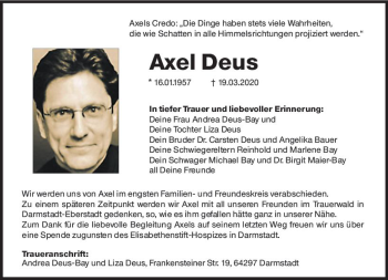 Traueranzeige von Axel Deus von vrm-trauer
