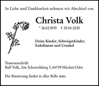 Traueranzeige von Christa Volk von vrm-trauer