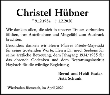 Traueranzeige von Christel Hübner von vrm-trauer