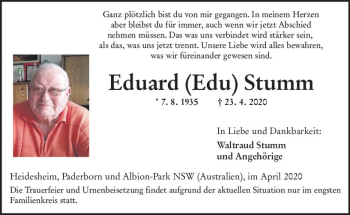 Traueranzeige von Eduard  Stumm von vrm-trauer