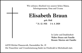 Traueranzeige von Elisabeth Braun von vrm-trauer