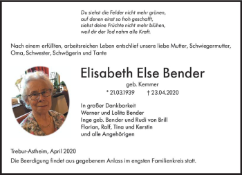 Traueranzeige von Elisabeth Else Bender von vrm-trauer