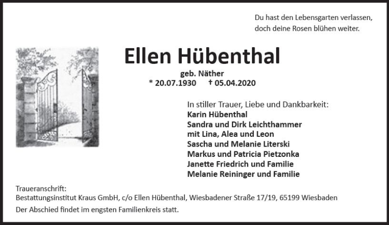  Traueranzeige für Ellen Hübenthal vom 11.04.2020 aus vrm-trauer