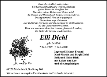 Traueranzeige von Elli Diehl von vrm-trauer