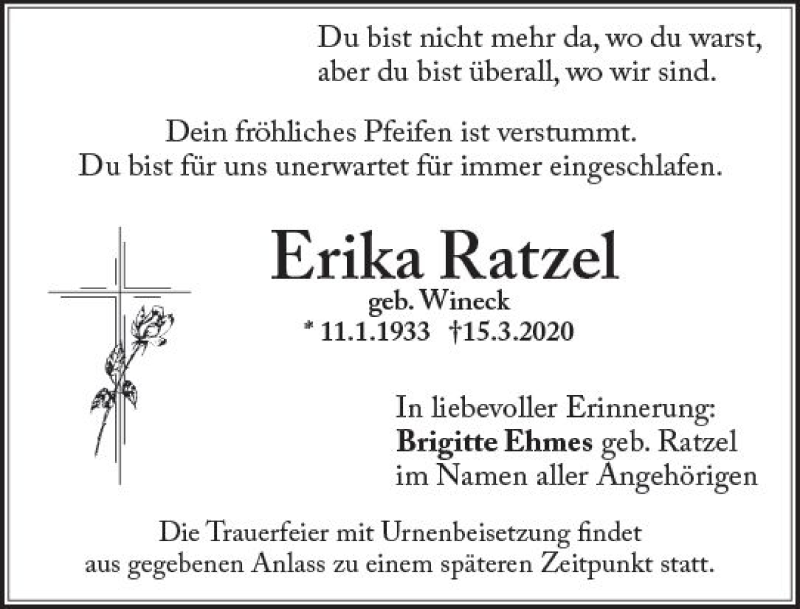  Traueranzeige für Erika Ratzel vom 11.04.2020 aus vrm-trauer