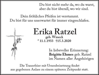 Traueranzeige von Erika Ratzel von vrm-trauer