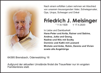 Traueranzeige von Friedrich J. Meisinger von vrm-trauer