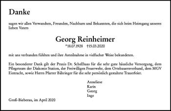 Traueranzeige von Georg Reinheimer von vrm-trauer