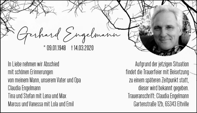  Traueranzeige für Gerhard Engelmann vom 28.03.2020 aus vrm-trauer