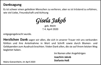 Traueranzeige von Gisela Jakob von vrm-trauer