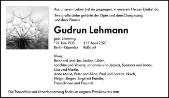 Traueranzeige von Gudrun Lehmann von vrm-trauer