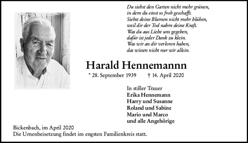  Traueranzeige für Harald Hennemannn vom 18.04.2020 aus vrm-trauer