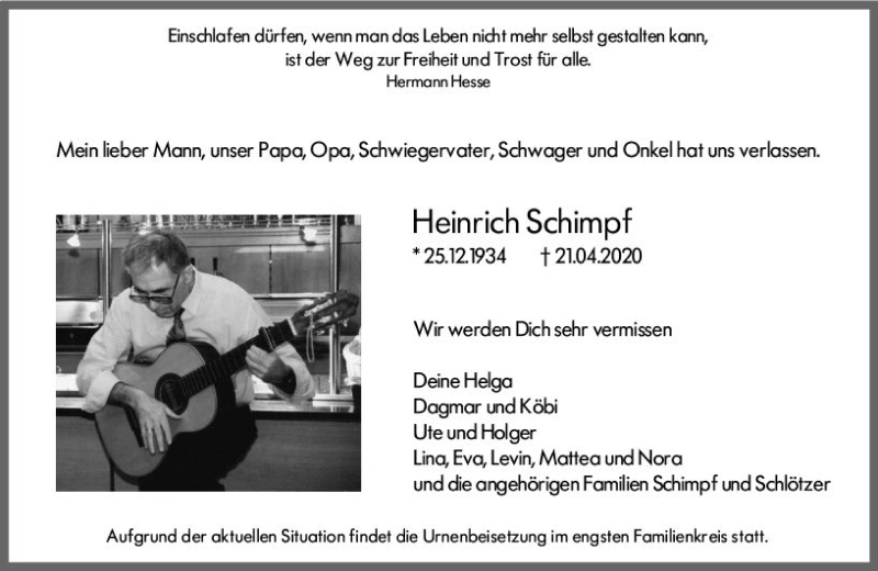  Traueranzeige für Heinrich Schimpf vom 29.04.2020 aus vrm-trauer