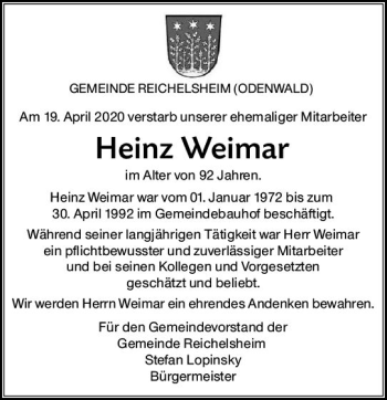 Traueranzeige von Heinz Weimar von vrm-trauer