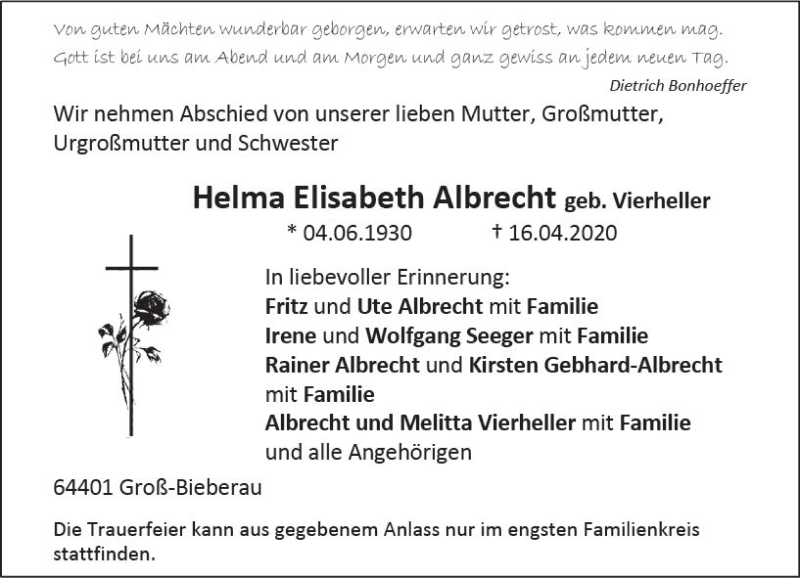  Traueranzeige für Helma Elisabeth Albrecht vom 25.04.2020 aus vrm-trauer