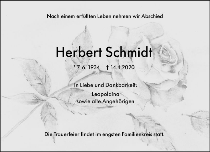  Traueranzeige für Herbert Schmidt vom 18.04.2020 aus vrm-trauer