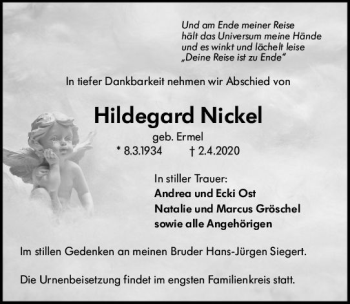 Traueranzeige von Hildegard Nickel von vrm-trauer