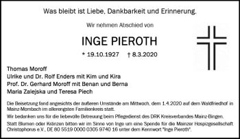Traueranzeige von Inge Pieroth von vrm-trauer