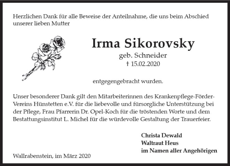  Traueranzeige für Irma Sikorovsky vom 28.03.2020 aus vrm-trauer
