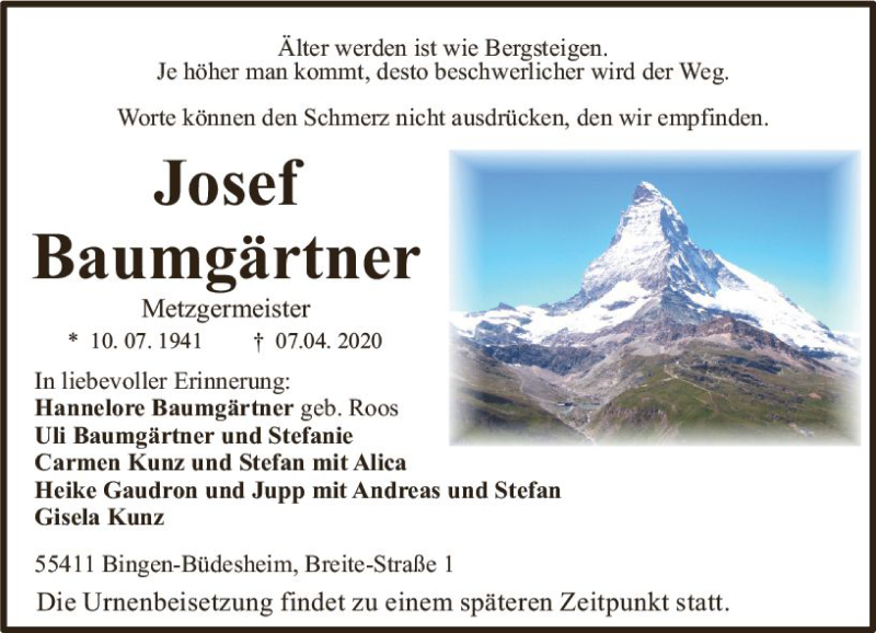  Traueranzeige für Josef Baumgärtner vom 11.04.2020 aus vrm-trauer